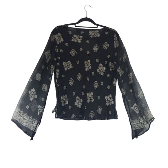 L Silk Bell Sleeve Surplice Wrap Blouse Babydoll Y2K 90s Style Sheer Top Shirt - Picture 2 of 10